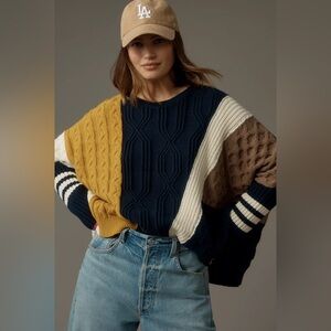 Maeve by Anthropologie Colorblock Cableknit Patchwork Oversized Sweater - Small